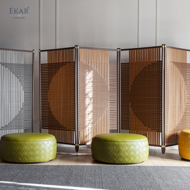 Modern Solid Walnut Room Divider Screen with Woven Saddle Leather Panels