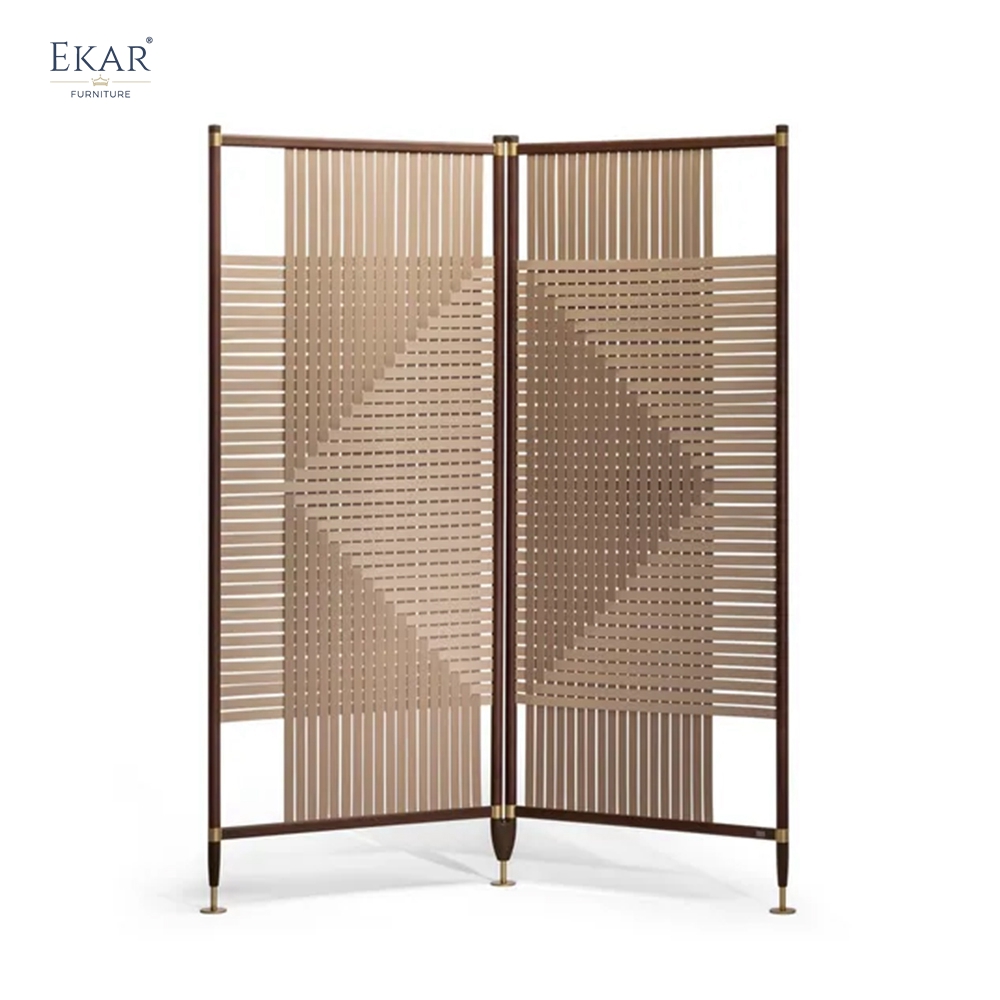 Modern Solid Walnut Room Divider Screen with Woven Saddle Leather Panels