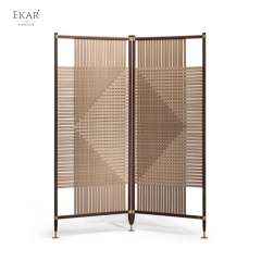 Modern Solid Walnut Room Divider Screen with Woven Saddle Leather Panels