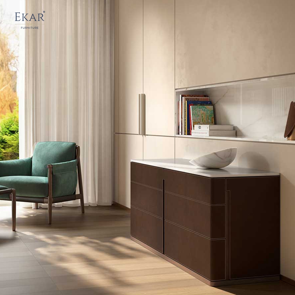 Modern Leather Wrapped Bedroom Double Dresser with Marble Top and Wide Storage Drawers