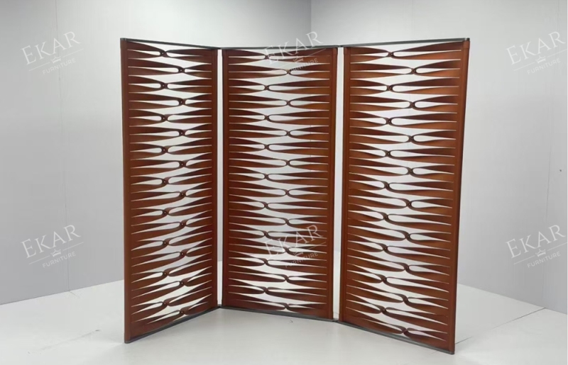 Modern Architectural Folding Room Divider Screen with 3D Sculptural Woven Leather Panels