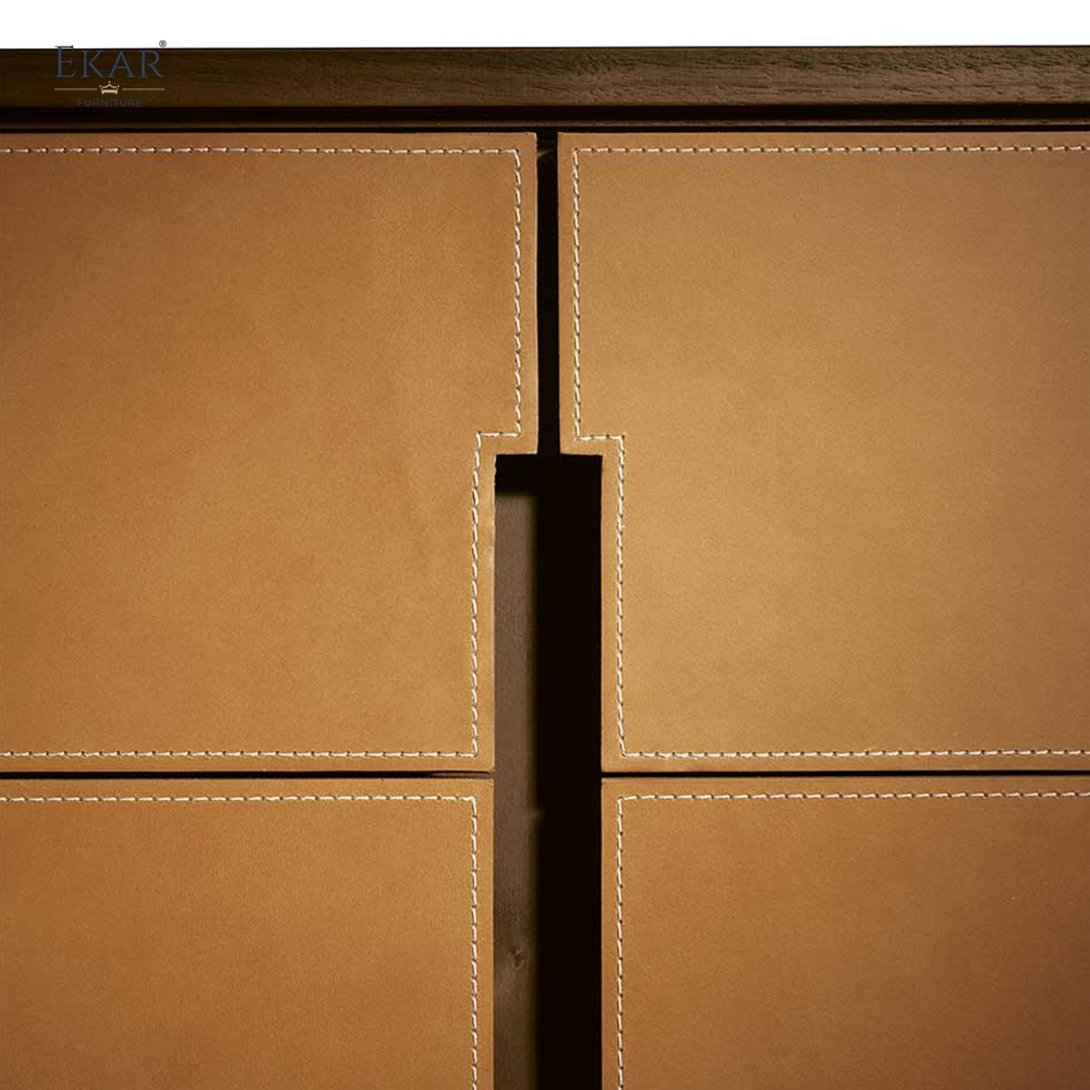Modern Leather Wrapped Bedroom Double Dresser with Marble Top and Wide Storage Drawers