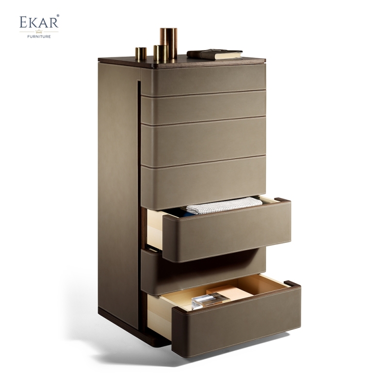 Modern Leather Wrapped Tallboy Chest of Drawers for Luxury Bedroom