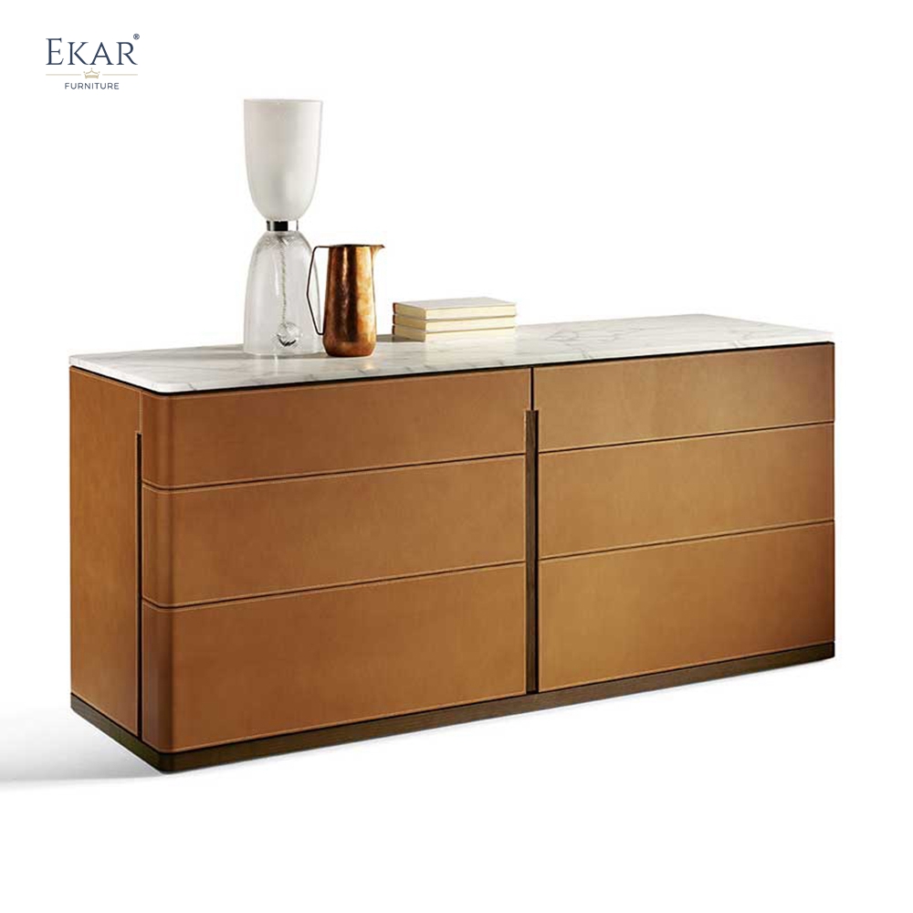 Modern Leather Wrapped Bedroom Double Dresser with Marble Top and Wide Storage Drawers
