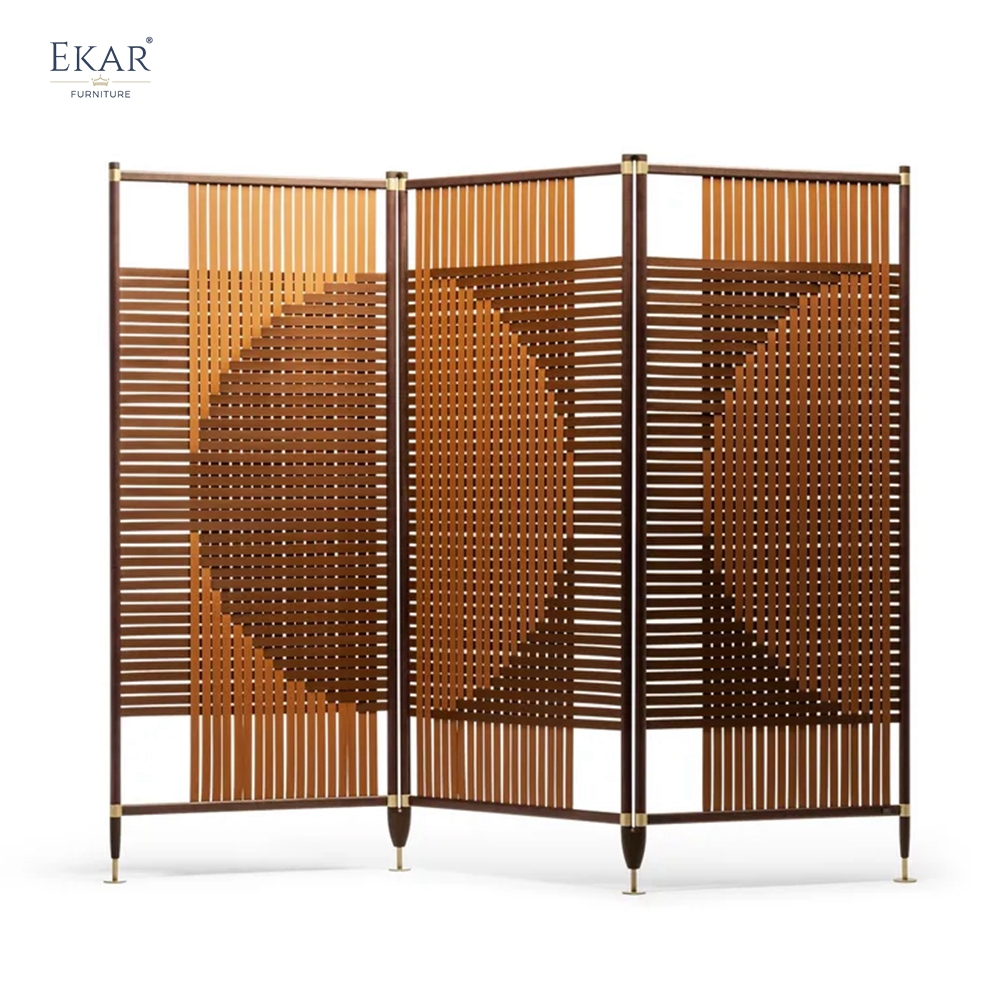 Modern Solid Walnut Room Divider Screen with Woven Saddle Leather Panels