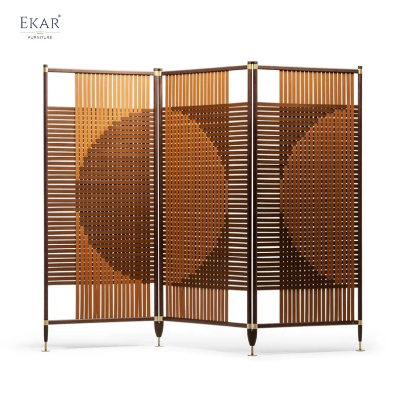 Modern Solid Walnut Room Divider Screen with Woven Saddle Leather Panels