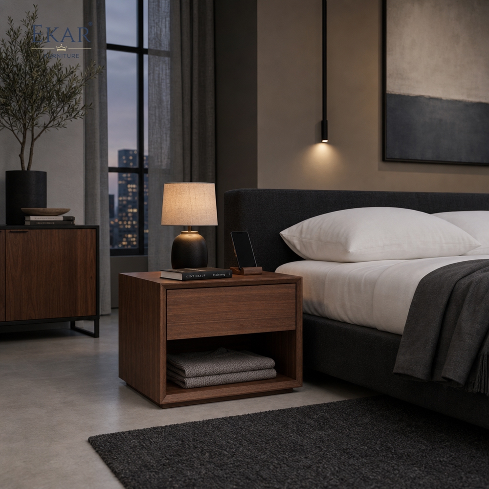 Kael Walnut Open-Shelf Nightstand | Modern Minimalist Bedside Table with Single Drawer - EKAR FURNITURE