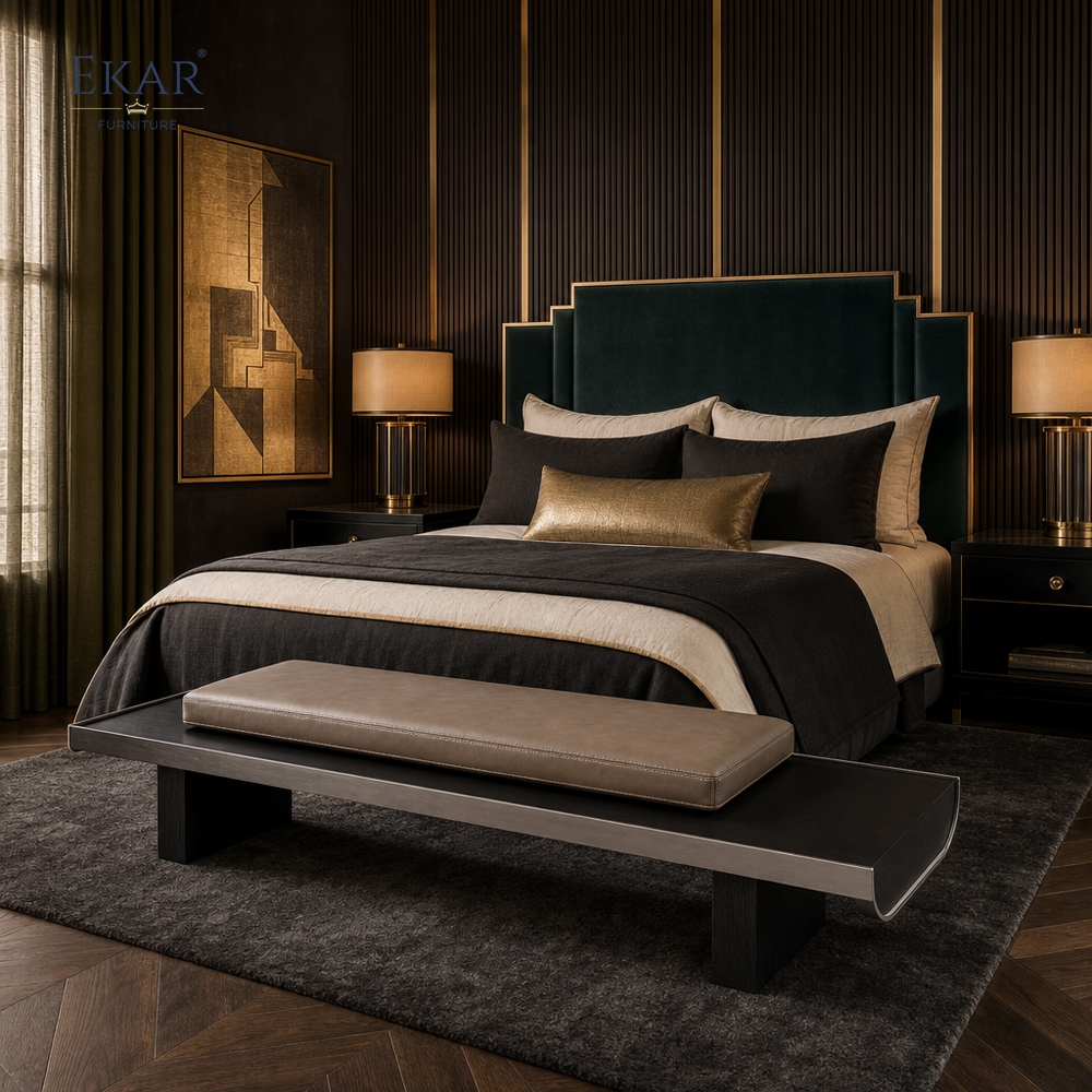 Meridian Graphite Bed Bench | Modern Wood and Steel Bed-End Bench with Leather Cushion - EKAR FURNITURE