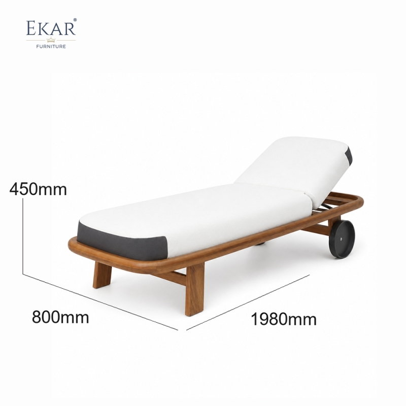 Cove Teak Outdoor Chaise Lounge | Modern Teak Daybed with White Cushions and Caster Wheels -EKAR FURNITURE
