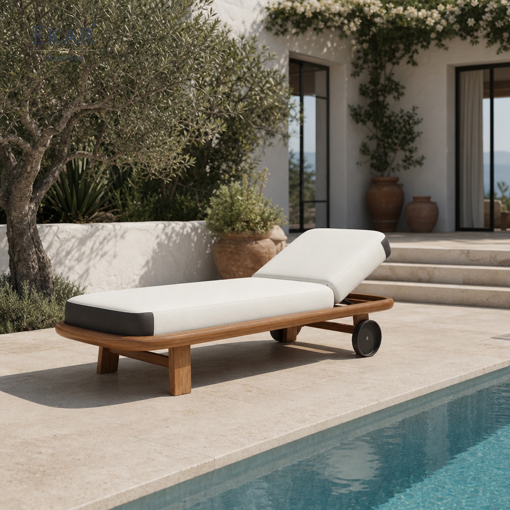 Cove Teak Outdoor Chaise Lounge | Modern Teak Daybed with White Cushions and Caster Wheels -EKAR FURNITURE
