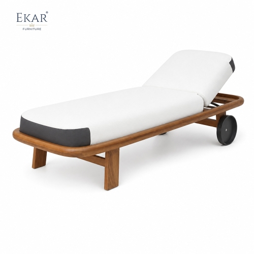 Cove Teak Outdoor Chaise Lounge | Modern Teak Daybed with White Cushions and Caster Wheels -EKAR FURNITURE