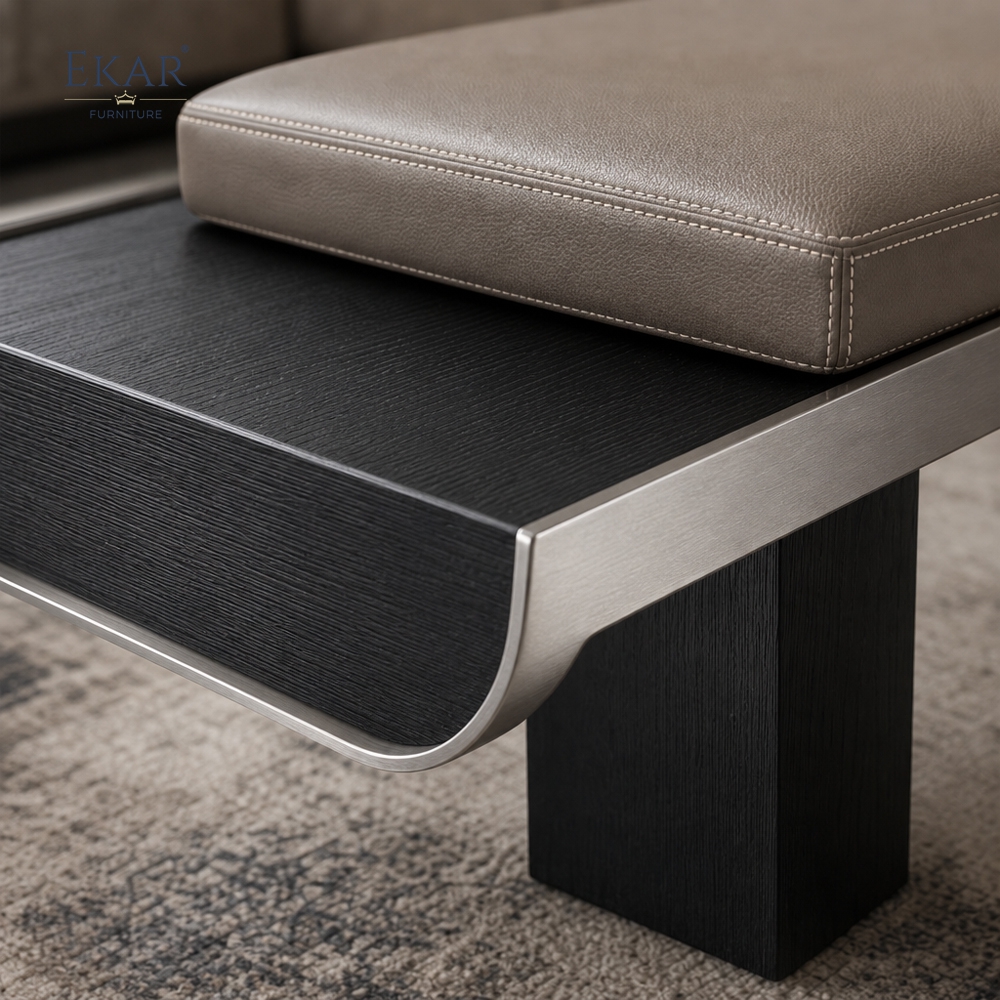 Meridian Graphite Bed Bench | Modern Wood and Steel Bed-End Bench with Leather Cushion - EKAR FURNITURE