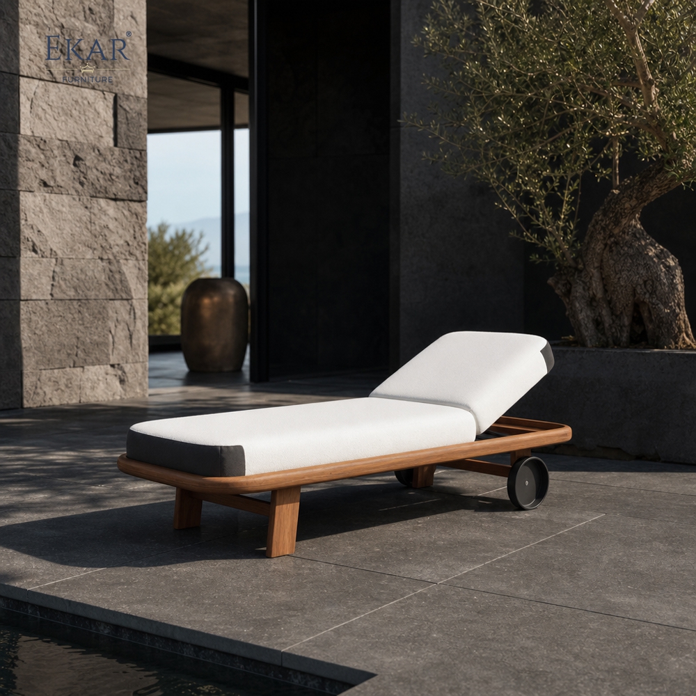 Cove Teak Outdoor Chaise Lounge | Modern Teak Daybed with White Cushions and Caster Wheels -EKAR FURNITURE