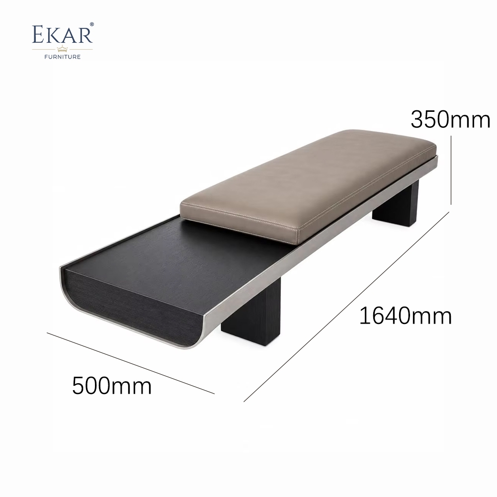 Meridian Graphite Bed Bench | Modern Wood and Steel Bed-End Bench with Leather Cushion - EKAR FURNITURE