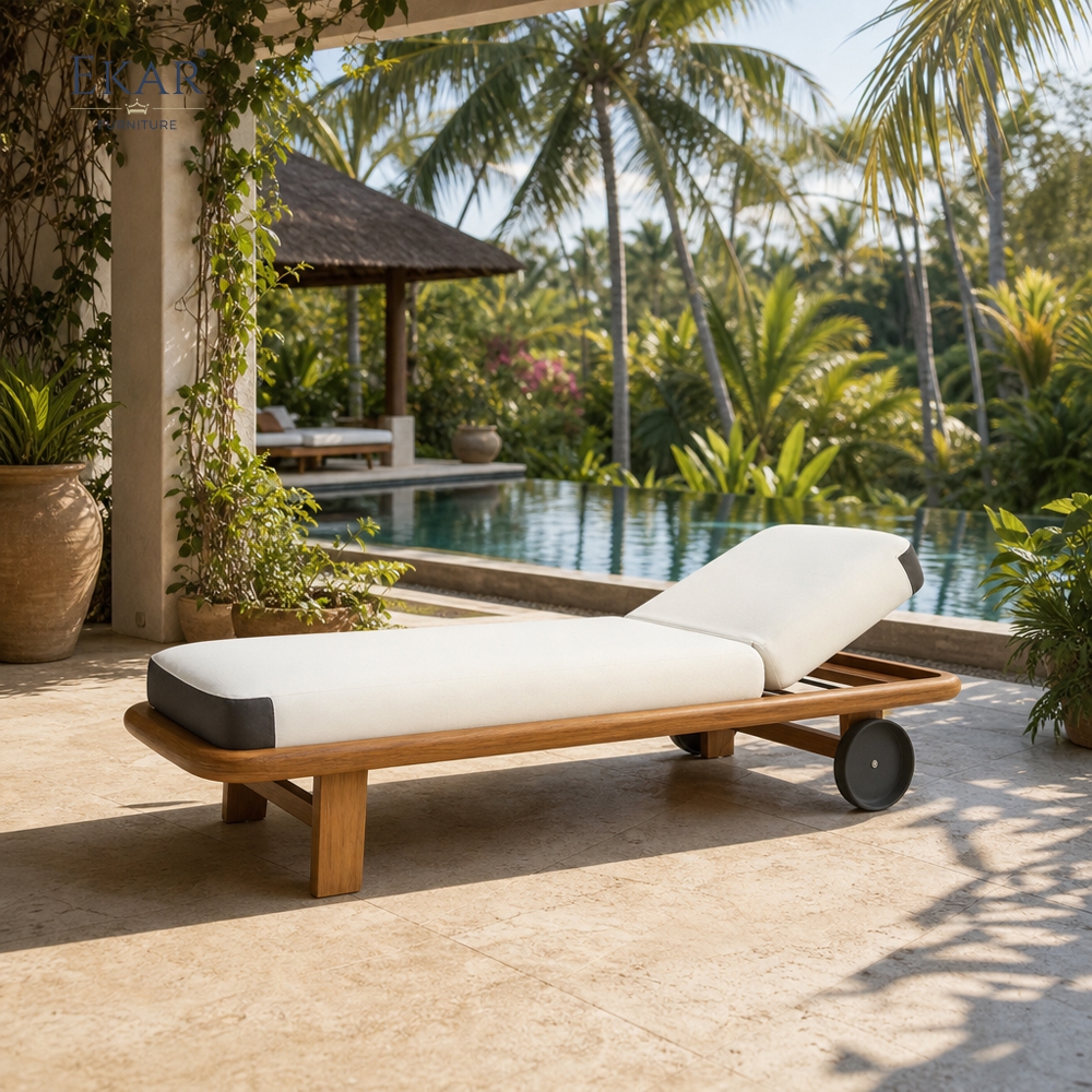 Cove Teak Outdoor Chaise Lounge | Modern Teak Daybed with White Cushions and Caster Wheels -EKAR FURNITURE