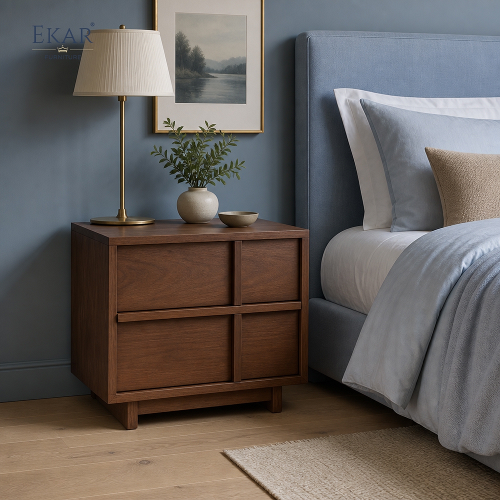 Arno Mullion Walnut Nightstand | Modern Two-Drawer Bedside Cabinet with Vertical Panel Detail - EKAR FURNITURE