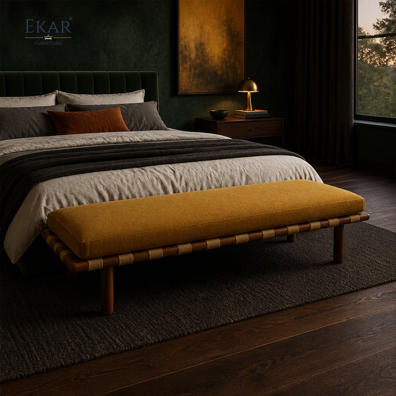 Terra Ochre Upholstered Bed Bench | Modern Wood Bench with Woven Cord Straps - EKAR FURNITURE