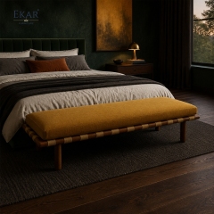 Terra Ochre Upholstered Bed Bench | Modern Wood Bench with Woven Cord Straps - EKAR FURNITURE