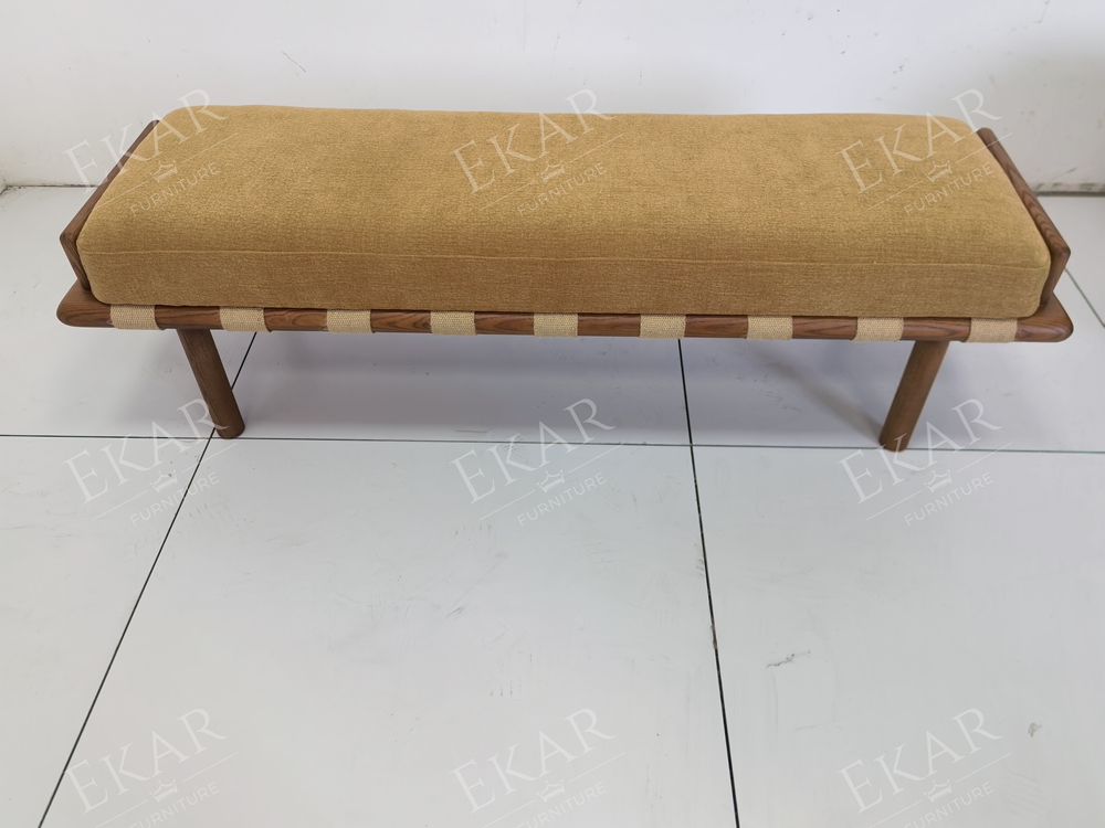 Terra Ochre Upholstered Bed Bench | Modern Wood Bench with Woven Cord Straps - EKAR FURNITURE