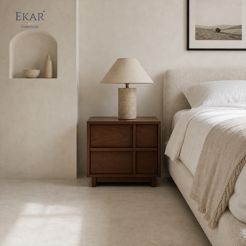 Arno Mullion Walnut Nightstand | Modern Two-Drawer Bedside Cabinet with Vertical Panel Detail - EKAR FURNITURE