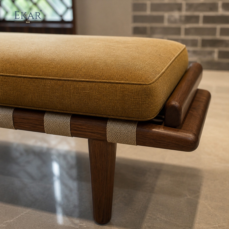 Terra Ochre Upholstered Bed Bench | Modern Wood Bench with Woven Cord Straps - EKAR FURNITURE