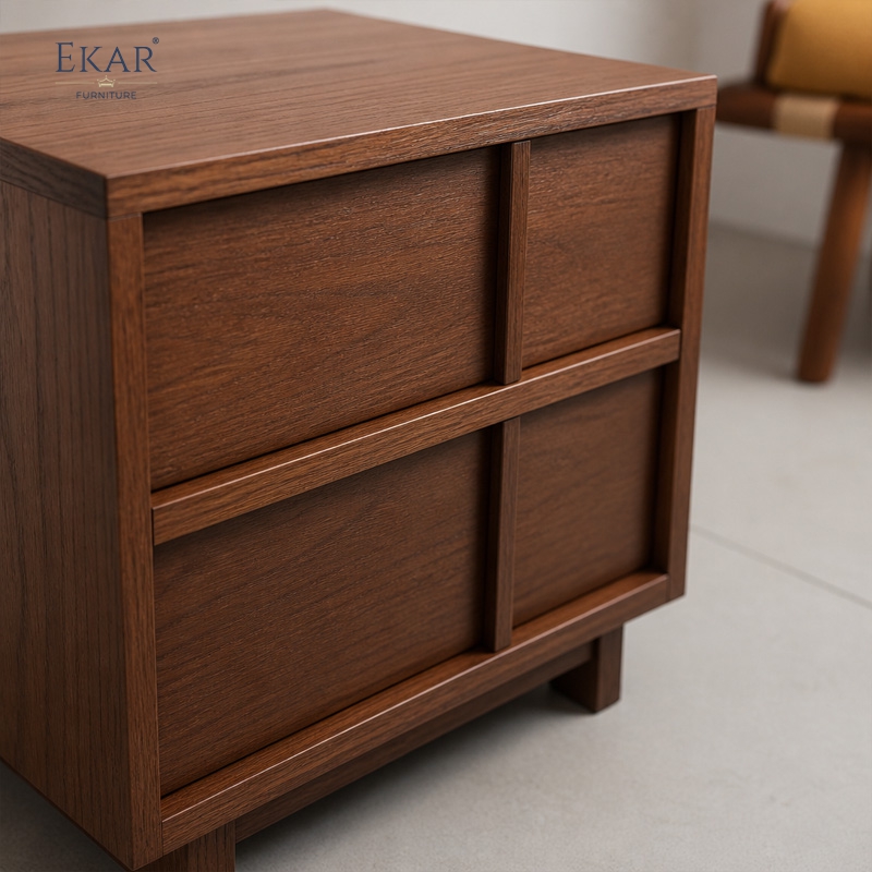 Arno Mullion Walnut Nightstand | Modern Two-Drawer Bedside Cabinet with Vertical Panel Detail - EKAR FURNITURE