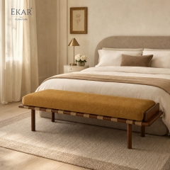 Terra Ochre Upholstered Bed Bench | Modern Wood Bench with Woven Cord Straps - EKAR FURNITURE