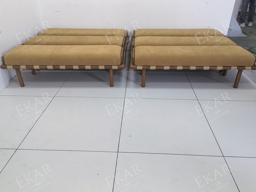 Terra Ochre Upholstered Bed Bench | Modern Wood Bench with Woven Cord Straps - EKAR FURNITURE