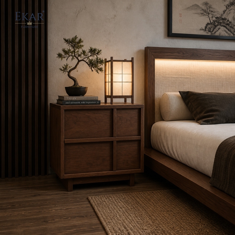 Arno Mullion Walnut Nightstand | Modern Two-Drawer Bedside Cabinet with Vertical Panel Detail - EKAR FURNITURE