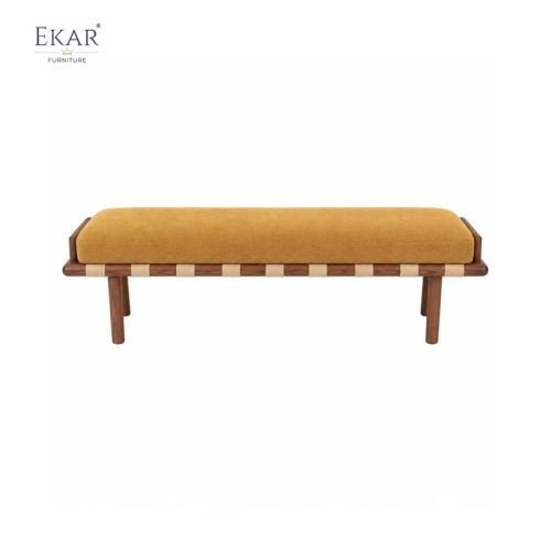 Terra Ochre Upholstered Bed Bench | Modern Wood Bench with Woven Cord Straps - EKAR FURNITURE