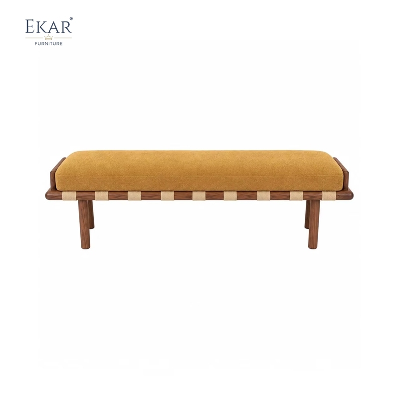Terra Ochre Upholstered Bed Bench | Modern Wood Bench with Woven Cord Straps - EKAR FURNITURE