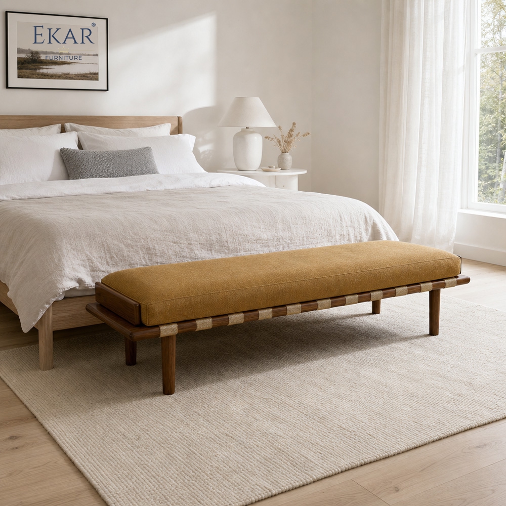 Terra Ochre Upholstered Bed Bench | Modern Wood Bench with Woven Cord Straps - EKAR FURNITURE