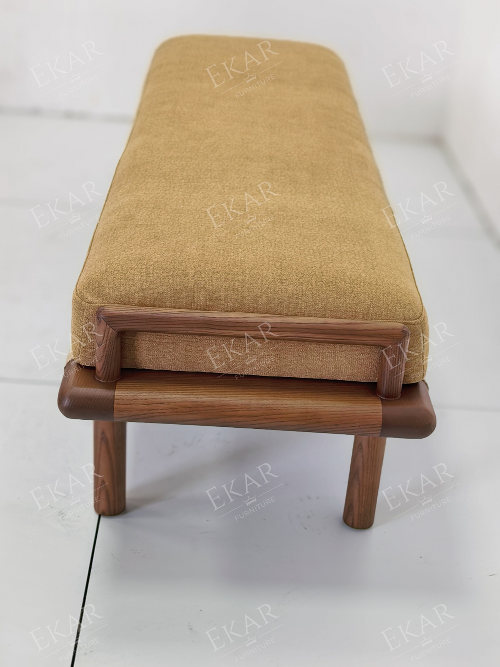 Terra Ochre Upholstered Bed Bench | Modern Wood Bench with Woven Cord Straps - EKAR FURNITURE