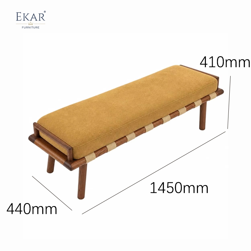 Terra Ochre Upholstered Bed Bench | Modern Wood Bench with Woven Cord Straps - EKAR FURNITURE