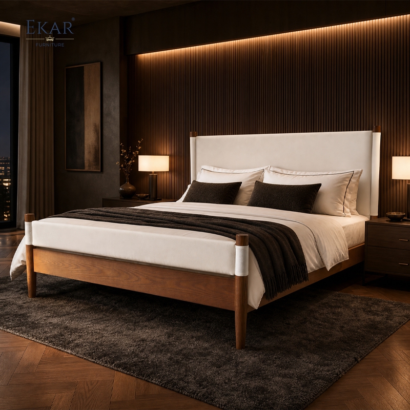 Solano Leather-Wrapped Post Bed | Mid-Century Upholstered Headboard Walnut Platform Bed - EKAR FURNITURE