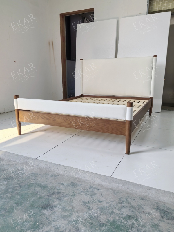 Solano Leather-Wrapped Post Bed | Mid-Century Upholstered Headboard Walnut Platform Bed - EKAR FURNITURE