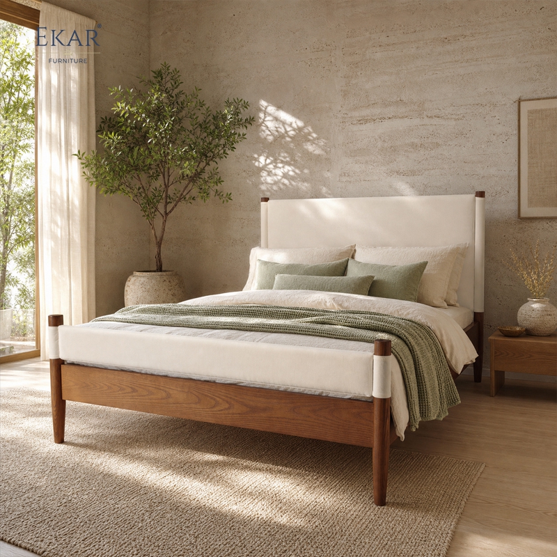 Solano Leather-Wrapped Post Bed | Mid-Century Upholstered Headboard Walnut Platform Bed - EKAR FURNITURE