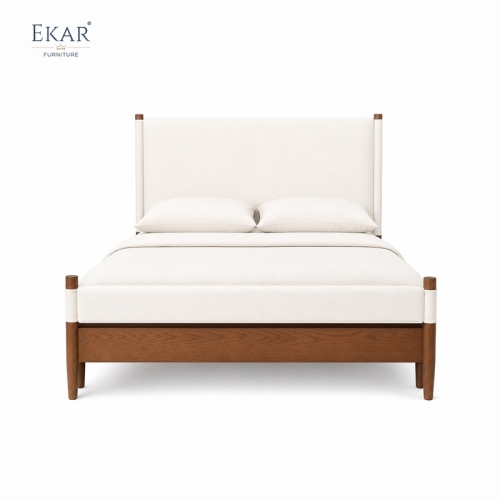 Solano Leather-Wrapped Post Bed | Mid-Century Upholstered Headboard Walnut Platform Bed - EKAR FURNITURE