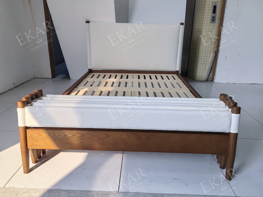 Solano Leather-Wrapped Post Bed | Mid-Century Upholstered Headboard Walnut Platform Bed - EKAR FURNITURE