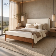 Solano Leather-Wrapped Post Bed | Mid-Century Upholstered Headboard Walnut Platform Bed - EKAR FURNITURE