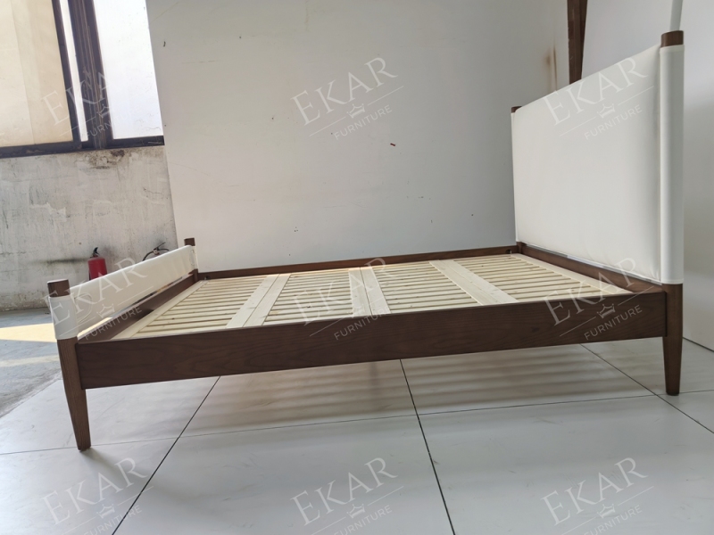 Solano Leather-Wrapped Post Bed | Mid-Century Upholstered Headboard Walnut Platform Bed - EKAR FURNITURE