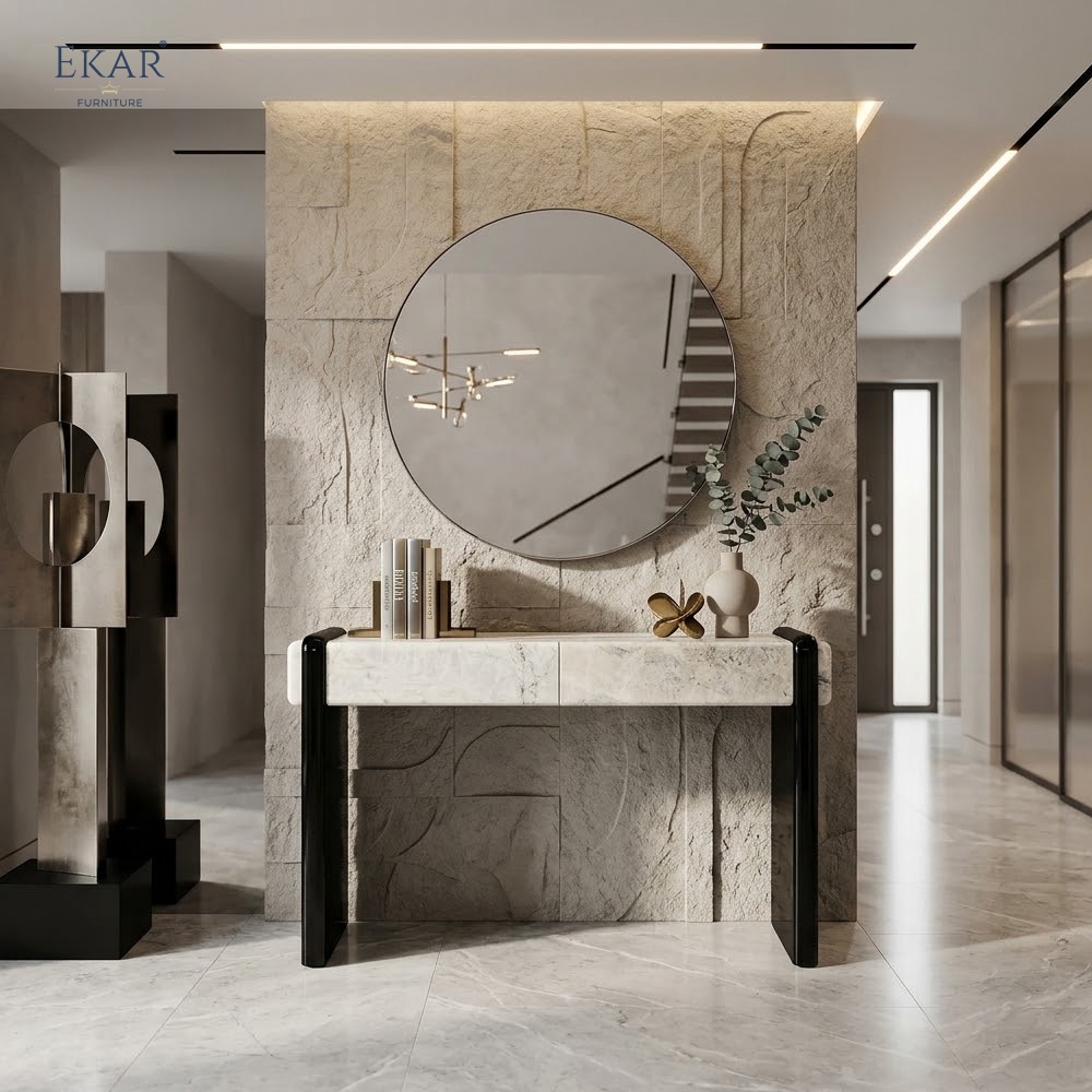 EKAR Modern Stone-Look Console Table with Black Panel Base VIDZCT