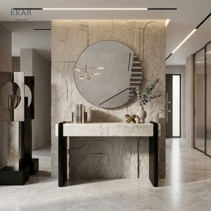 EKAR Modern Stone-Look Console Table with Black Panel Base VIDZCT