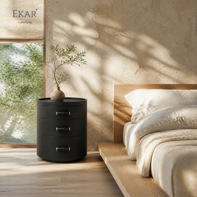 Duna Marble-Top Cylindrical Nightstand | Dark Walnut Round Bedside Table with Rose Gold Accent Leg