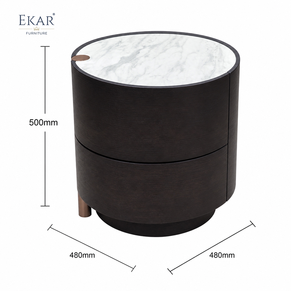 Duna Marble-Top Cylindrical Nightstand | Dark Walnut Round Bedside Table with Rose Gold Accent Leg