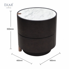 Duna Marble-Top Cylindrical Nightstand | Dark Walnut Round Bedside Table with Rose Gold Accent Leg