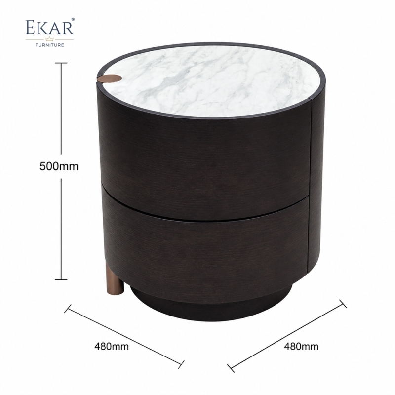 Duna Marble-Top Cylindrical Nightstand | Dark Walnut Round Bedside Table with Rose Gold Accent Leg