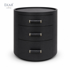 Duna Marble-Top Cylindrical Nightstand | Dark Walnut Round Bedside Table with Rose Gold Accent Leg