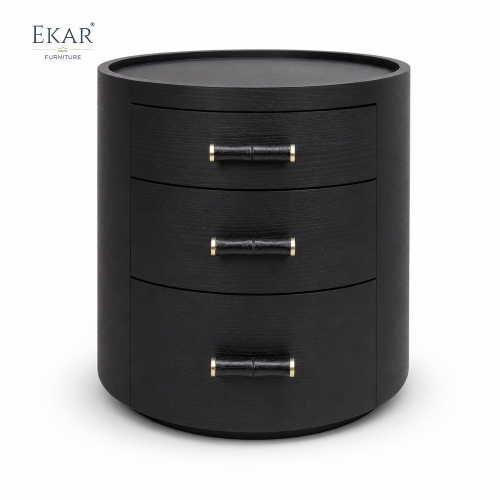 Duna Marble-Top Cylindrical Nightstand | Dark Walnut Round Bedside Table with Rose Gold Accent Leg