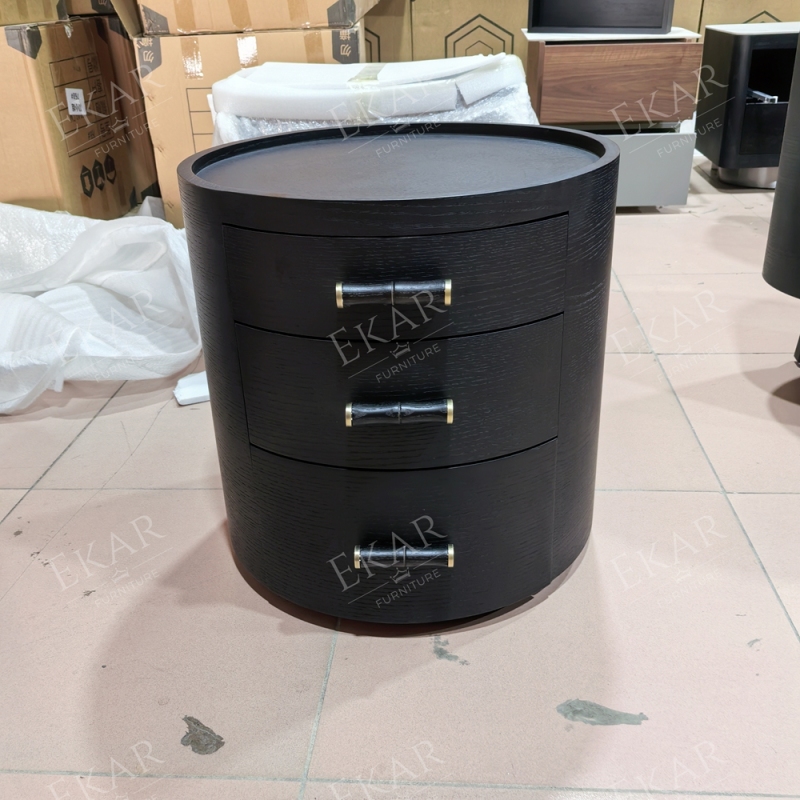 Duna Marble-Top Cylindrical Nightstand | Dark Walnut Round Bedside Table with Rose Gold Accent Leg